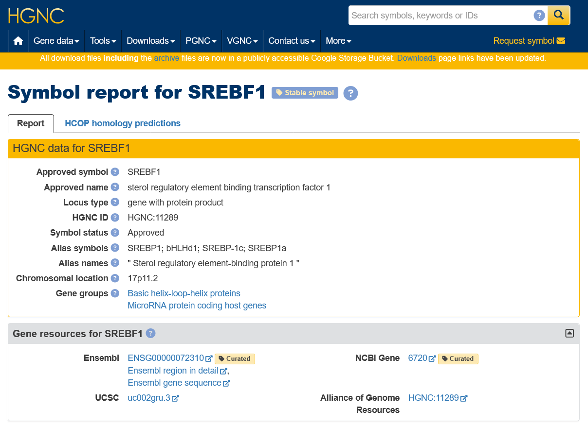 Figure 4 | HGNC symbol report for human SREBF1, accessed in June 2026, showing SREBP1a as a listed alias symbol and thereby confirming continued visibility of the isoform in an official gene nomenclature resource.
