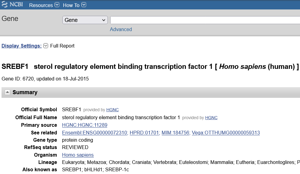 Figure 1 | Historical NCBI Gene entry for human SREBF1, archived in July 2015, showing SREBP1, bHLHd1, and SREBP-1c as aliases, while SREBP1a was not listed.
